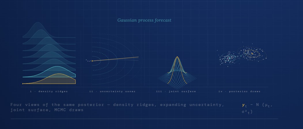 Methodological visualisations: density ridges, uncertainty sonar, joint surface, posterior draws