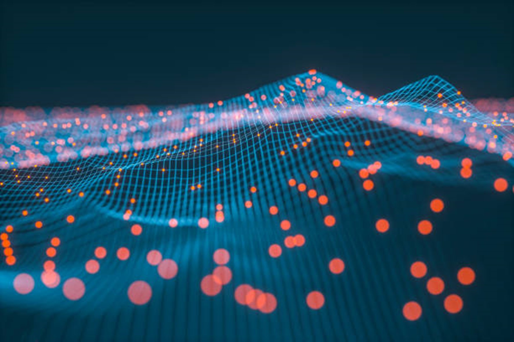 3D data surface with scattered points evoking machine-learning predictions